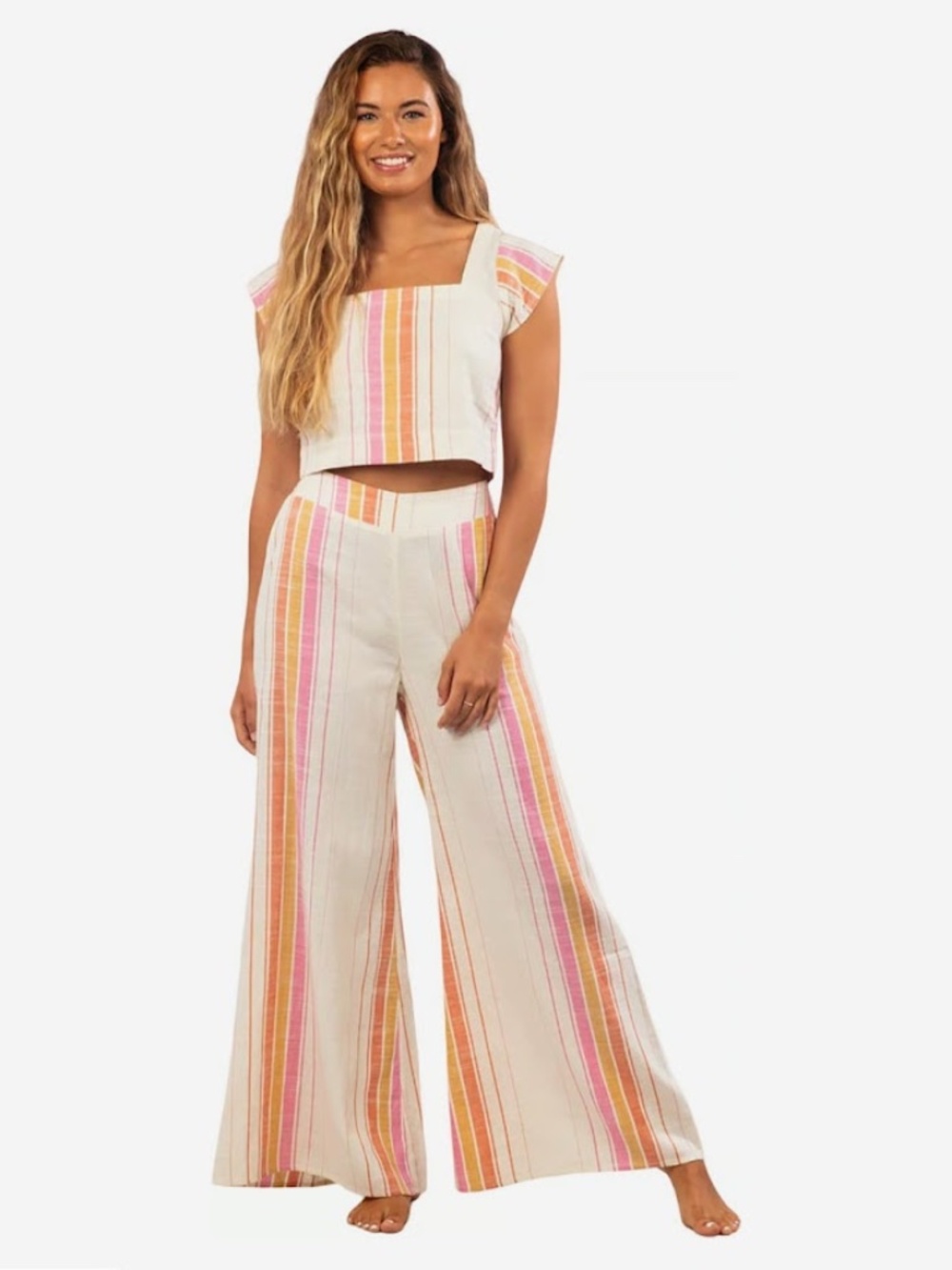 Rip Curl 2 Piece Set Heat Wave Beige Striped Crop Top & Wide Leg Pants Size M/L